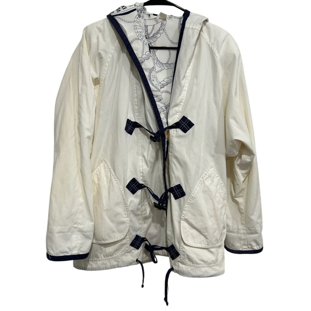 Vintage Braetan Ivory White Hooded Jacket Nautical Accents Toggle Closure